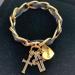 Bebe bracelet metal ribbon thru chain w/charms